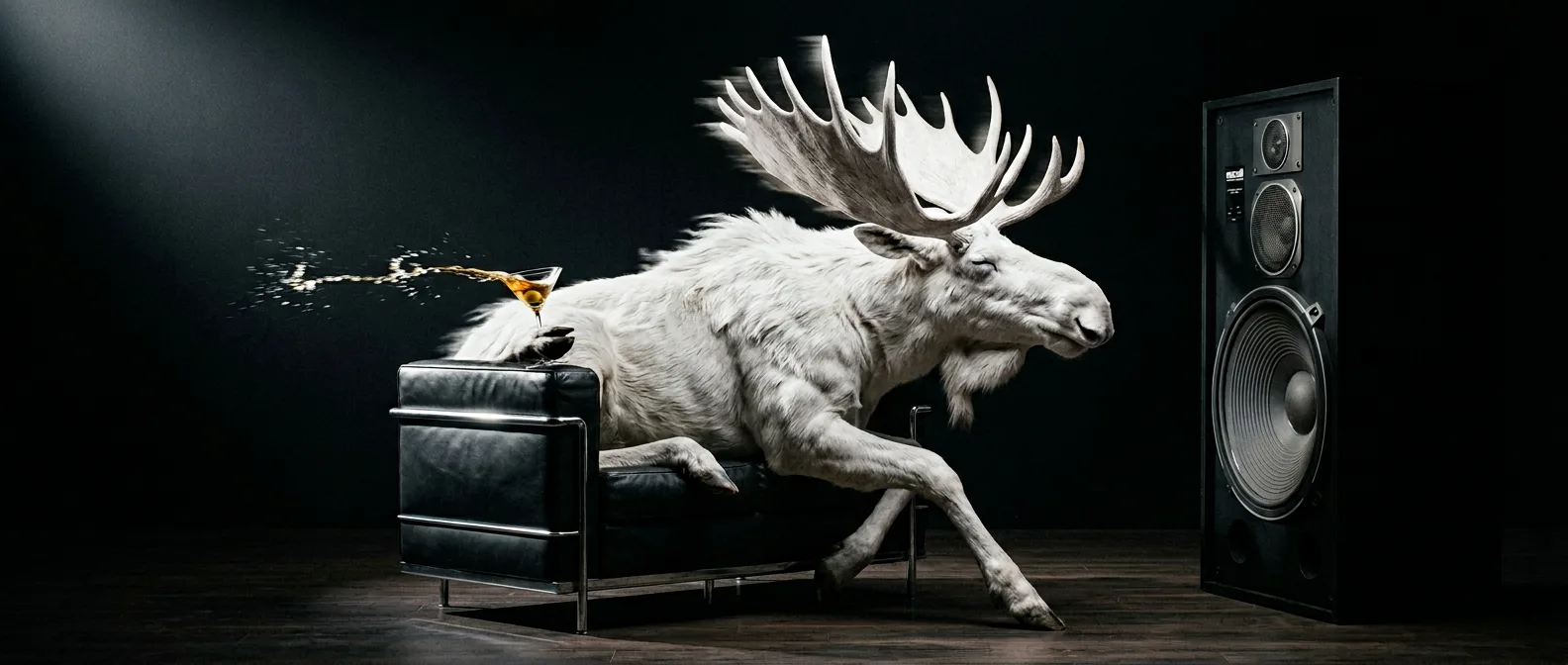 A white moose is blown backwards out of a leather armchair by a large loudspeaker, its antlers swept back and its martini spraying across the room.
